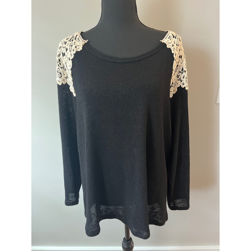 Moa Moa 1X Black Crochet Lace Yoke Top Boho Romantic Cottagecore Made USA